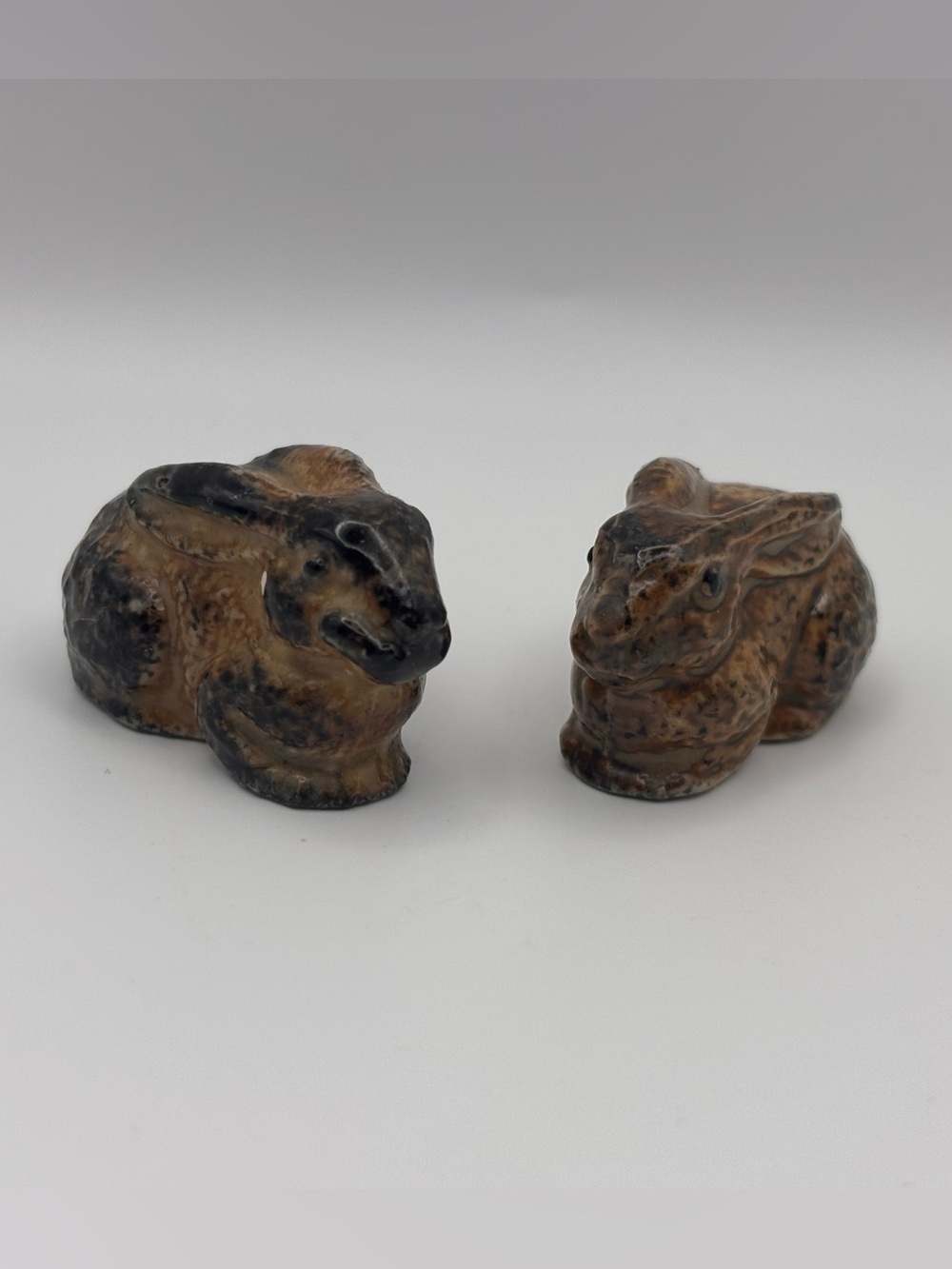 Set of 2 Vintage Miniature Brown Stoneware Rabbit Figurines, Bunny Trinket